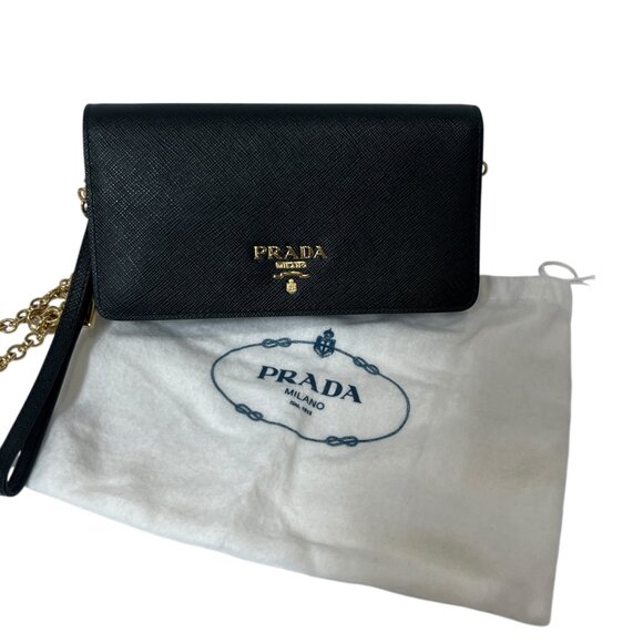 PRADA Black Saffiano Gold Wallet On Chain WOC Wristlet - Picture 12 of 13